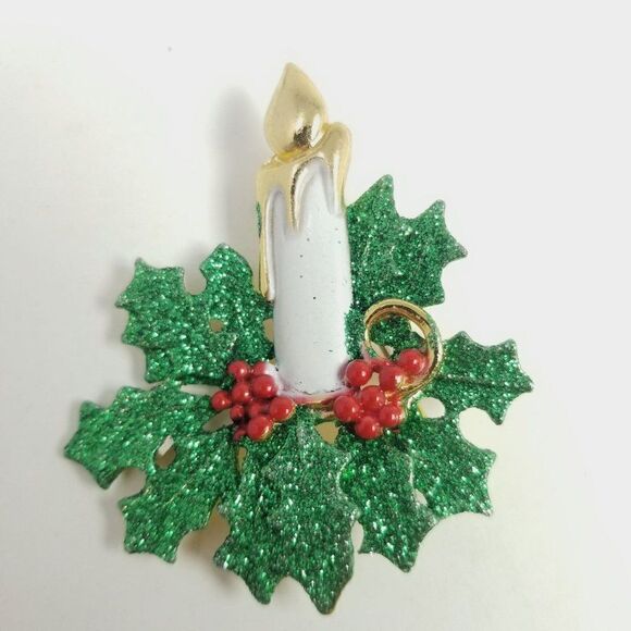 Vintage Holiday Candel with Holly Leaves Wreather, Green Red White Retro Estate - Picture 5 of 5